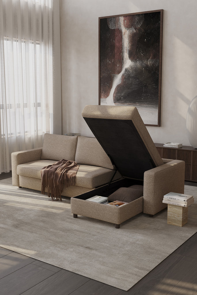 Neah Sofa Bed with Storage Chaise Lounger in Performance Fabric