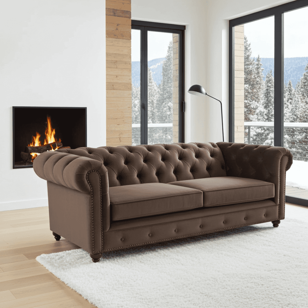Brown Chesterfield sofa in a living room with a fireplace and large windows.