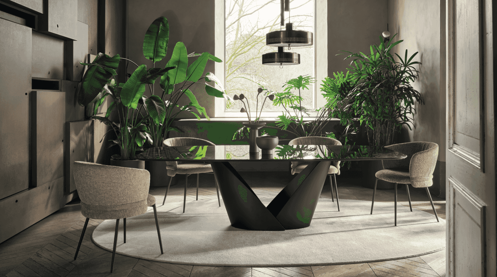 Set of CS2238 Vanilla Dining Chairs with Wood Legs by Calligaris.com around a black dining table in a lush, plant-filled dining space.