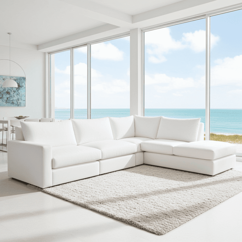 White sectional sofa in a modern living room with large windows overlooking a beach.