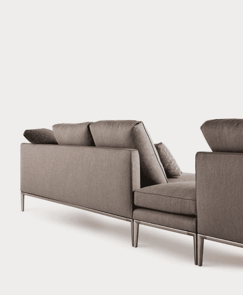 Light brown fabric sofa with plush cushions and sleek metal legs, modern furniture for stylish interiors