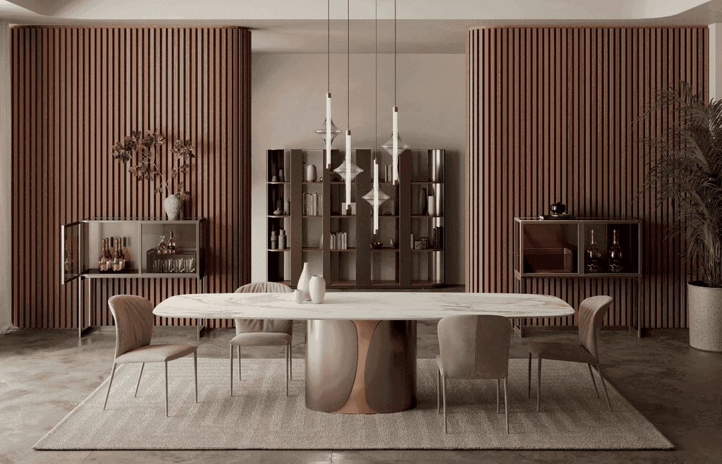 Contemporary dining space with a marble table, beige chairs, wooden wall paneling, and modern pendant lighting