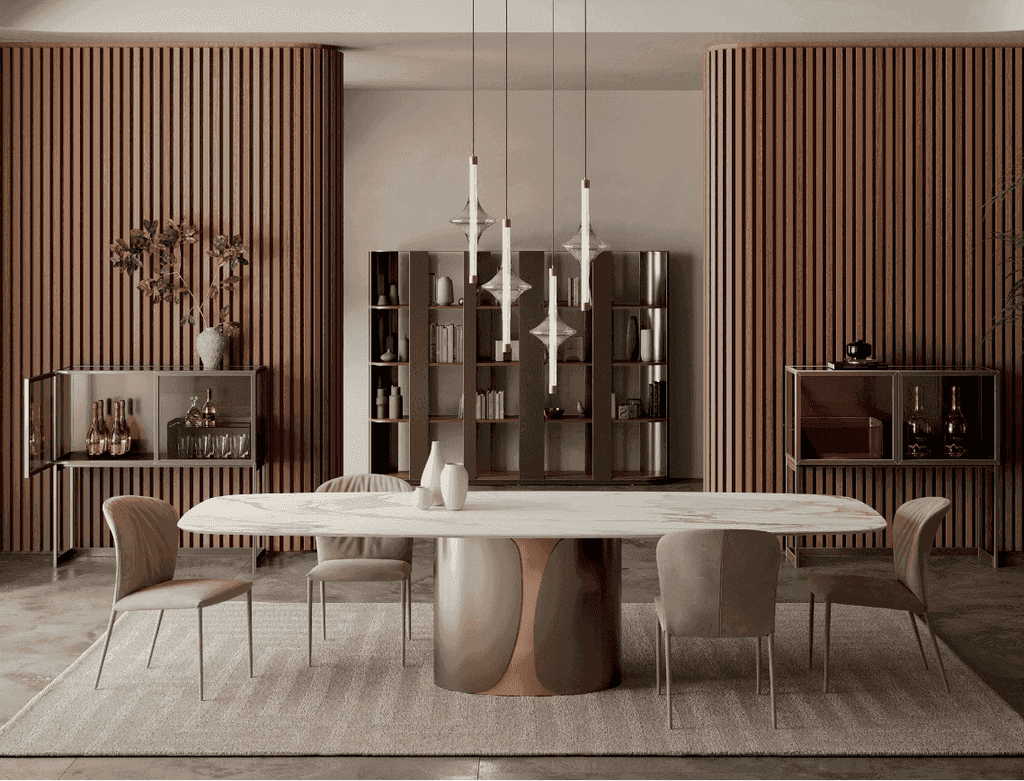 Contemporary dining space with a marble table, beige chairs, wooden wall paneling, and modern pendant lighting