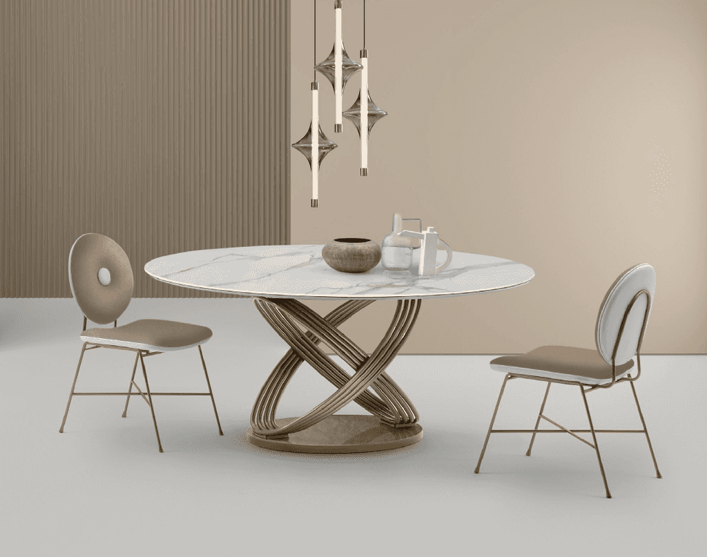 Minimalist dining area with round marble table, geometric pendant light, and sleek chairs, set against neutral wall and flooring