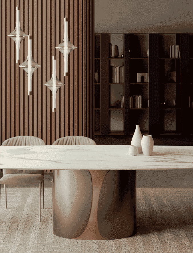 Elegant dining room with a large white marble table featuring a gold base, modern pendant lighting, and beige upholstered chairs