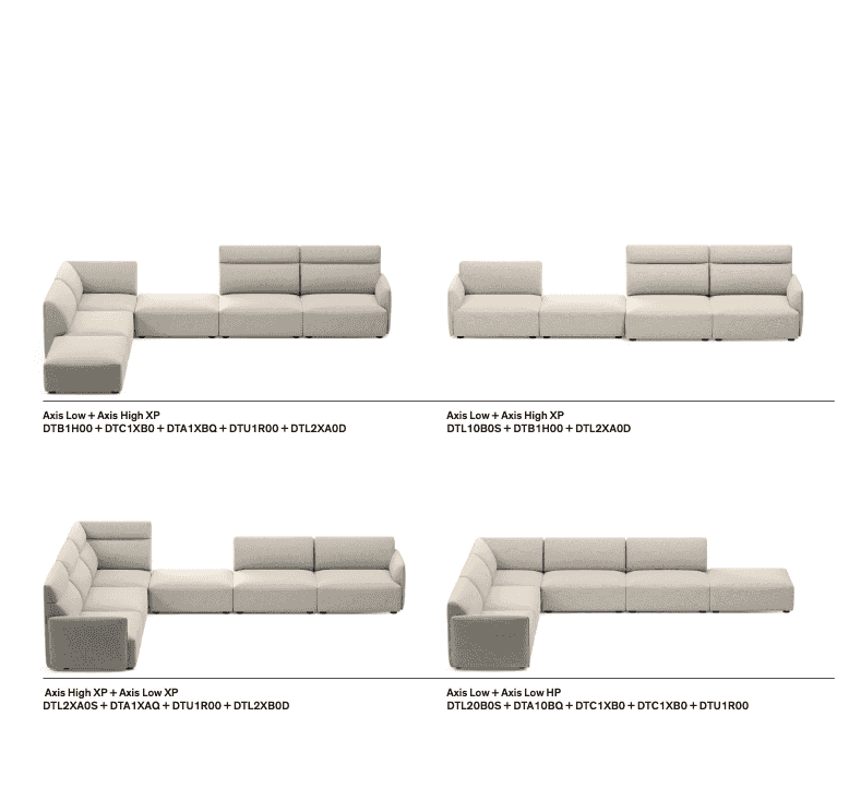 Modular configurations of CS3465 Axis High Sofa by Calligaris showing sectional layout options for customizable living room setups.