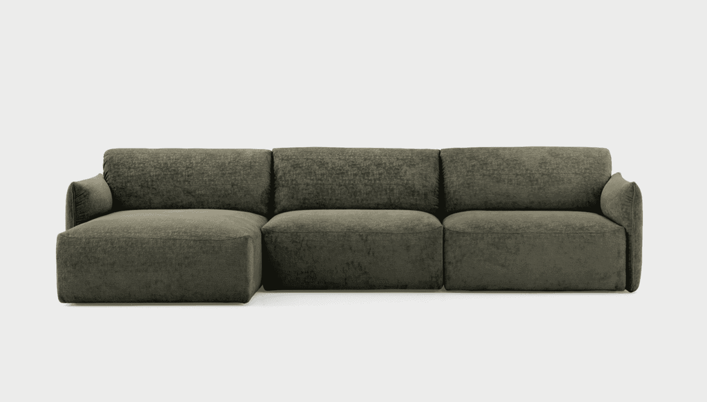 CS3469 Axis Low Sofa by Calligaris in dark green fabric, shown in a modular 3-piece sectional configuration for versatile seating options.