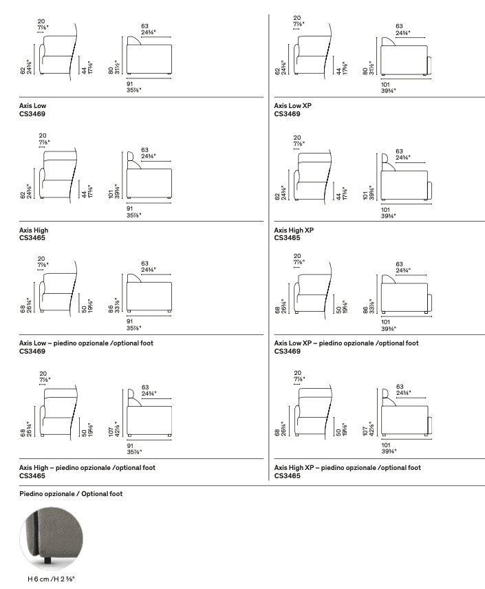 Technical dimensions of CS3465 Axis High Sofa by Calligaris, detailing depth, height, and width for various sectional components.