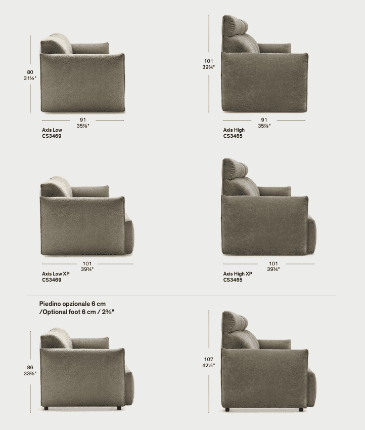 Side profile views of CS3465 Axis High Sofa by Calligaris in different height options, including optional 6 cm foot for added elevation.