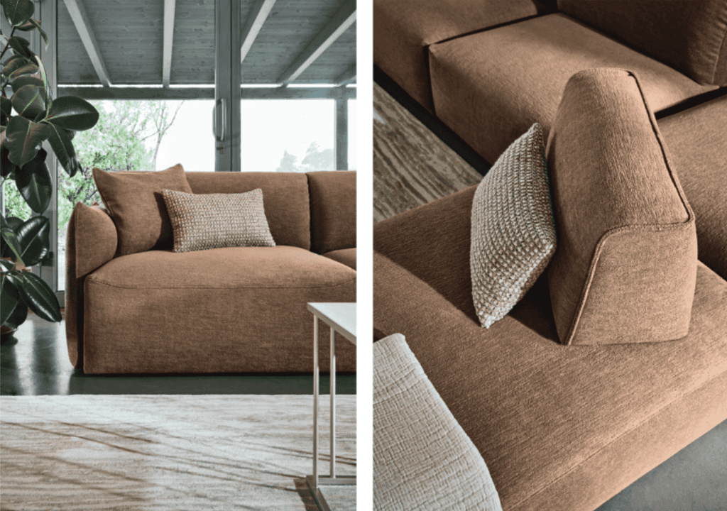 Close-up of a beige fabric sofa with textured cushions, showcasing the plush upholstery and clean lines of contemporary furniture