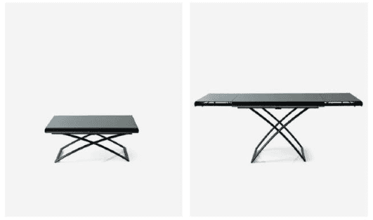 Black lift-up coffee table with metal X-shaped base and rectangular top, designed for multifunctional use in modern living spaces