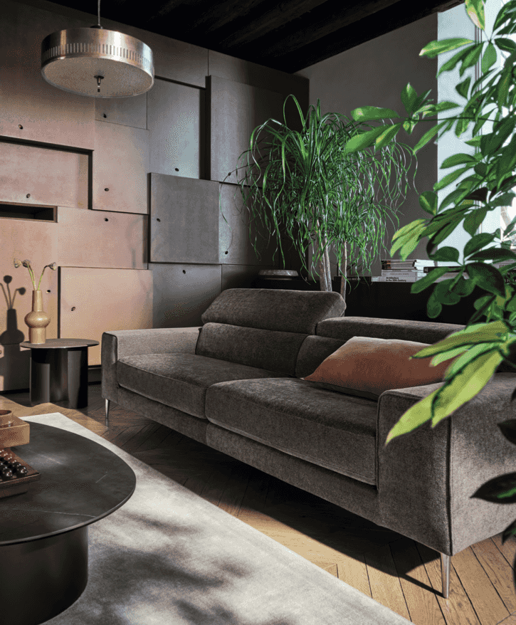 Dark fabric CS346 Edgar Sofa by Calligaris in a stylish interior with wood flooring and lush green plants, perfect for elegant homes.