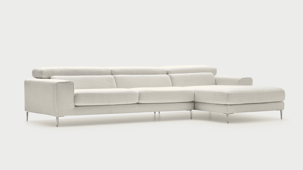 CS346 Edgar Sofa sectional in white textured fabric with chaise lounge, featuring adjustable headrests and slim metal legs.
