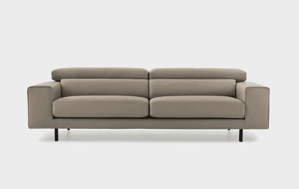 Front view of CS346 Edgar Sofa in beige leather with dual seat cushions and adjustable headrests, ideal for modern furniture collections.