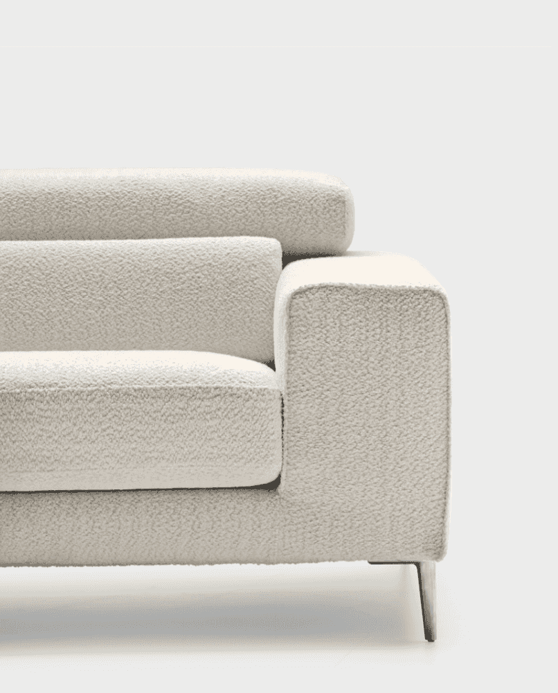 Side view of CS346 Edgar Sofa in white boucle fabric, showcasing its soft texture and clean-lined armrest design.