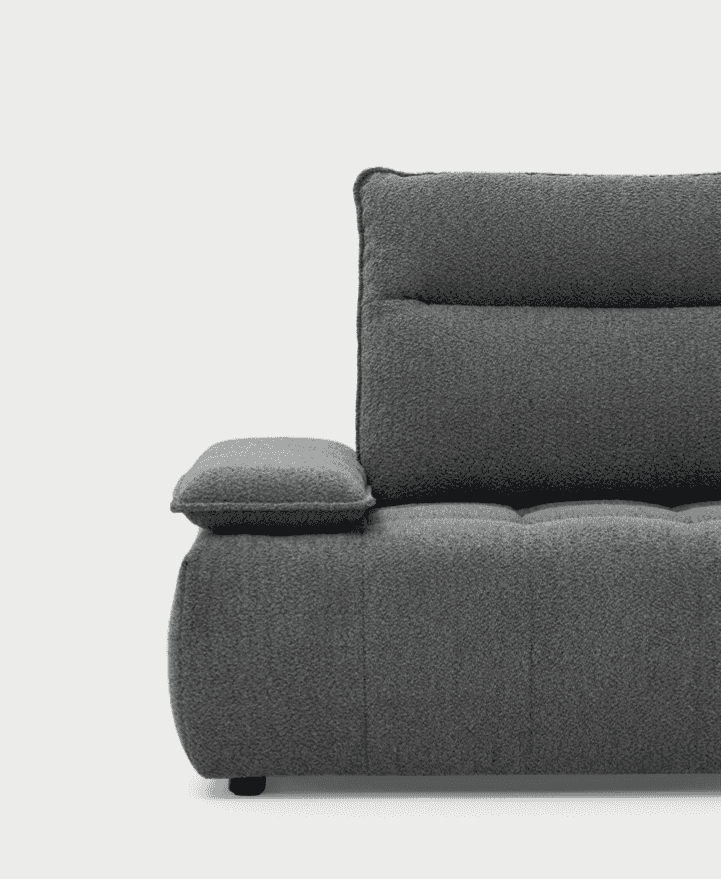 Detail of CS3467 Equipe Sofa by Calligaris in textured gray fabric with adjustable armrest, ideal for luxury sectional furniture.