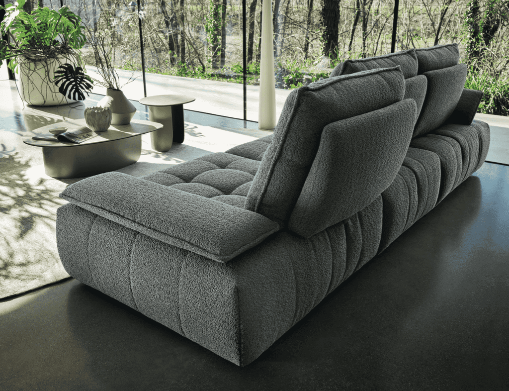 Rear view of CS3467 Equipe Sofa by Calligaris in gray fabric, showing adjustable backrests and quilted upholstery for modern interiors.