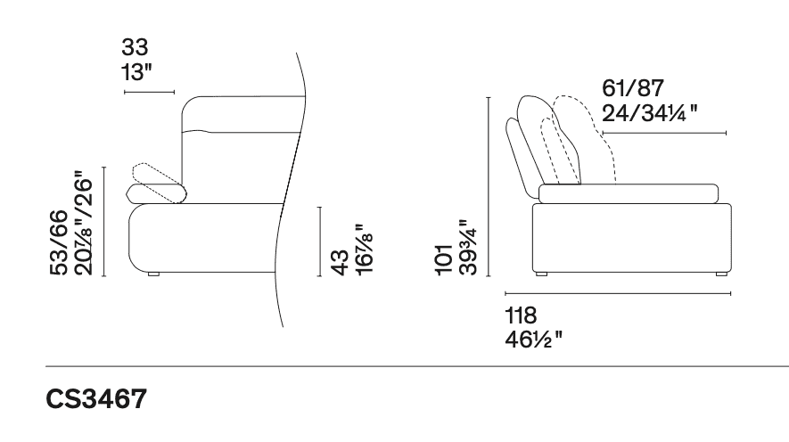 Technical drawing of CS3467 Equipe Sofa by Calligaris with dimensions, detailing adjustable backrest and armrest features.