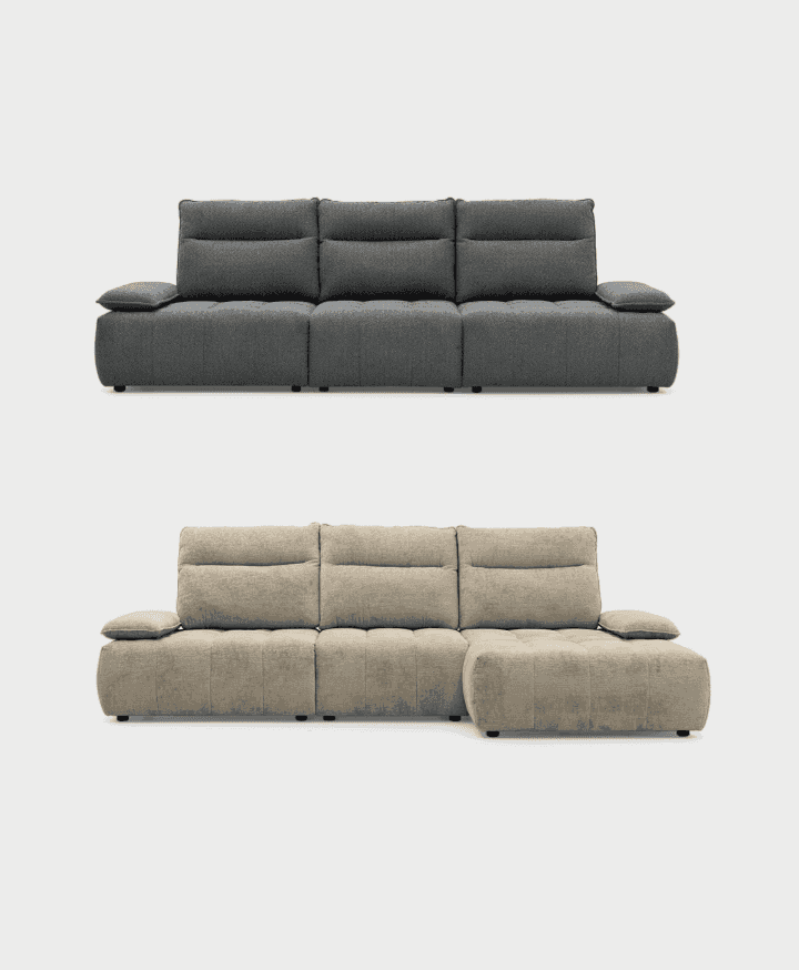 Front view of CS3467 Equipe Sofa by Calligaris in gray and beige color options, showcasing modular sectional configurations.