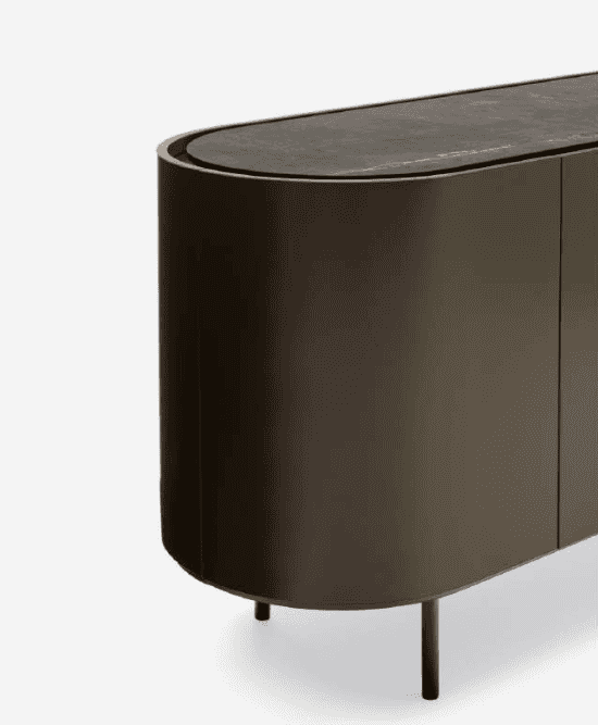 Dark brown oval storage cabinet with rounded edges, black legs, and a marble top, modern furniture for living room or hallway