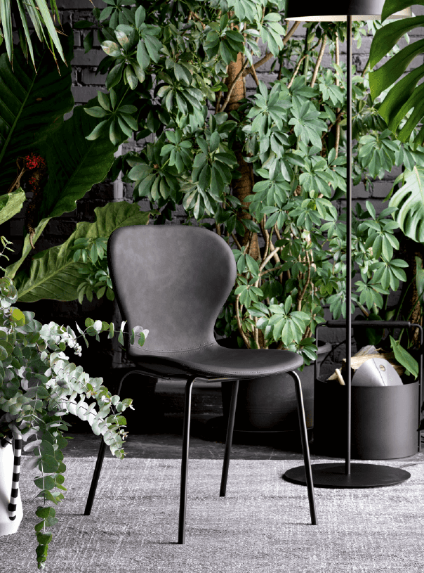 Black upholstered dining chair with rounded backrest and slender metal legs, set against a backdrop of large green foliage and black brick wall
