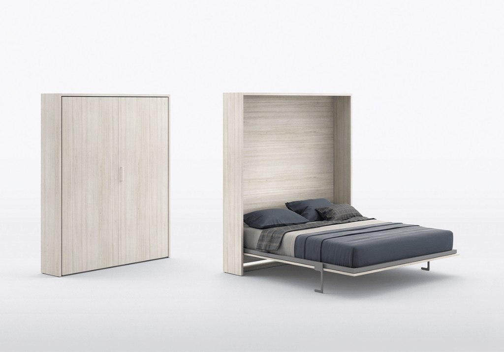 Italian Queen Wall Bed in light wood finish shown closed and open with orthopedic mattress base and soft-closing gas lift system.