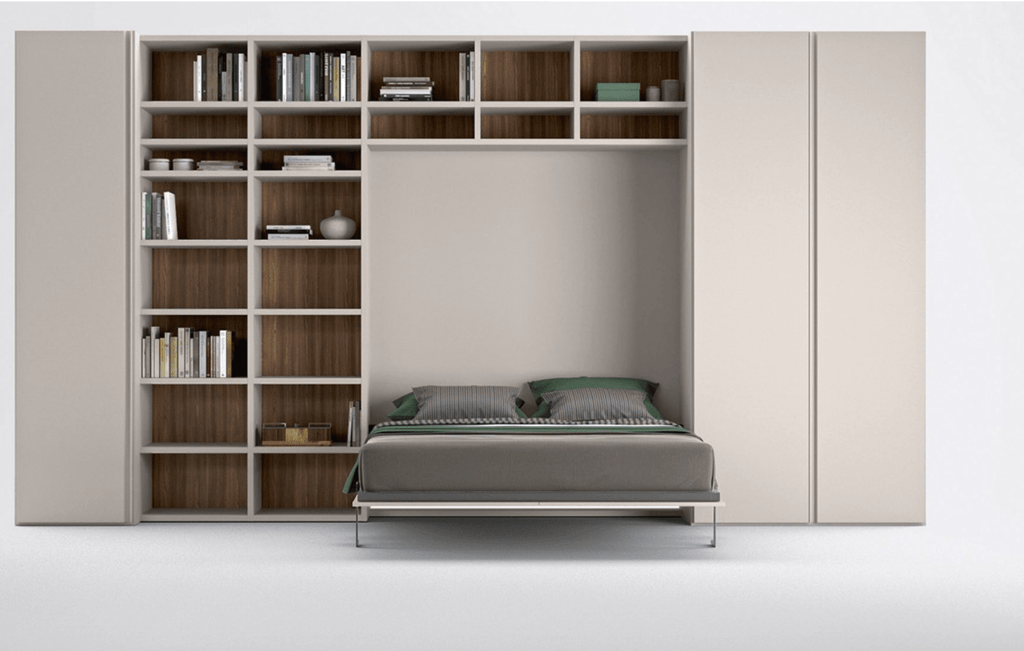 Italian Queen Wall Bed integrated with custom storage system and open shelving, perfect for multifunctional furniture in modern interiors.