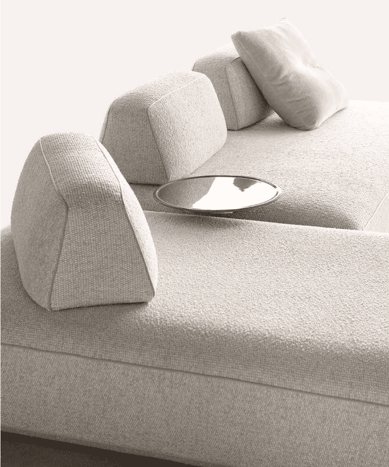 Elegant sectional sofa with textured beige fabric, adjustable backrests, and a sleek silver tray table for modern living rooms - SKU: 175x125-C-MEMO