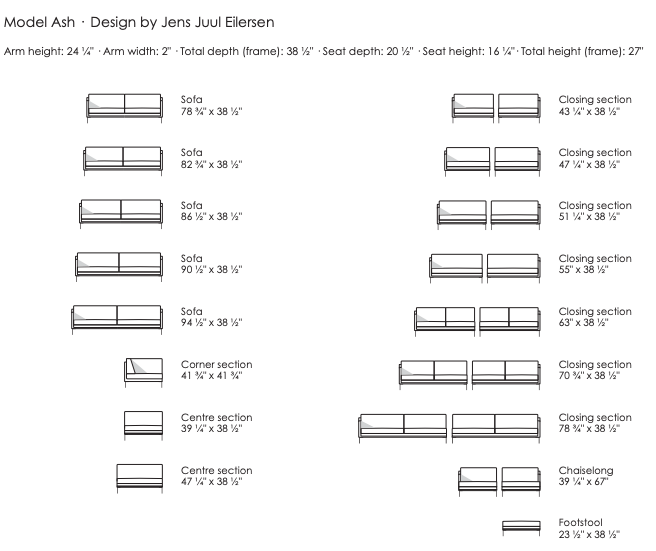 Ash Sofa configuration chart by Jens Juul Eilersen, showing modular options and dimensions available at Trade Source Furniture.