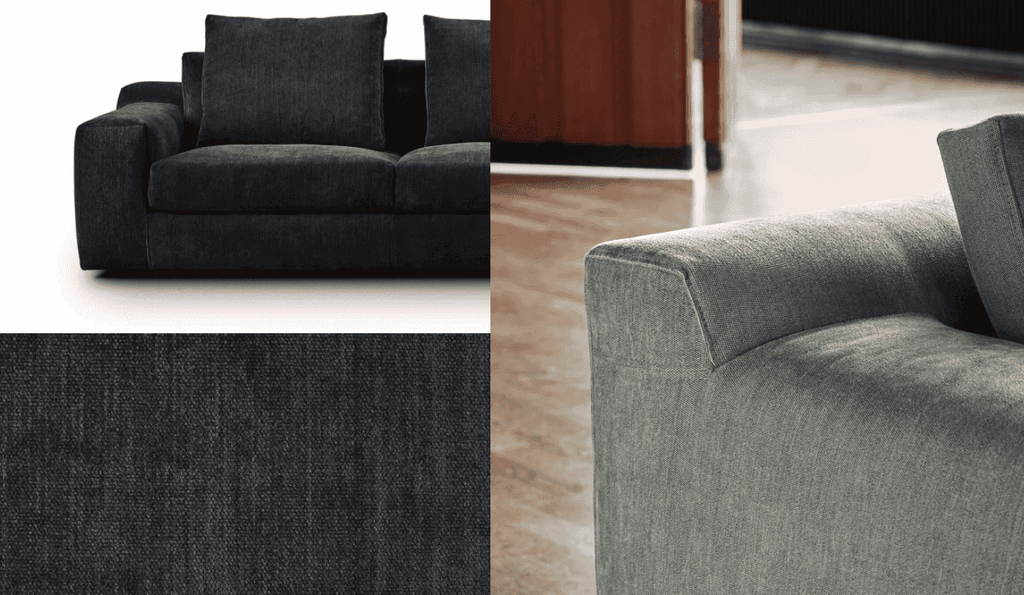 Detail view of Aton Sofa by Eilersen in charcoal and sage green fabric textures, highlighting armrest and upholstery, at Trade Source Furniture.