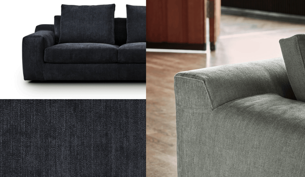 Detail view of Aton Sofa by Eilersen in charcoal and sage green fabric textures, highlighting armrest and upholstery, at Trade Source Furniture.