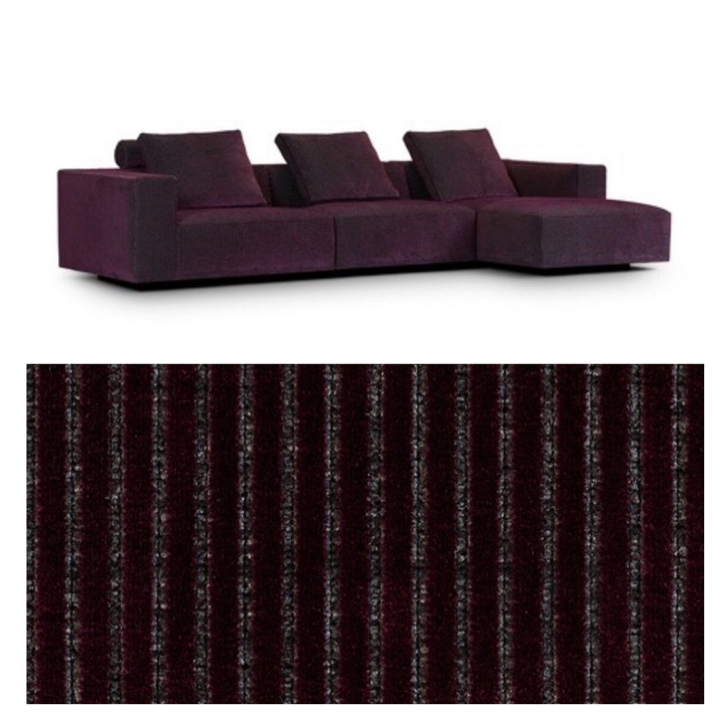Eilersen Baseline Sofa with Chaise in deep burgundy Roth fabric, featuring ribbed texture and three back cushions.