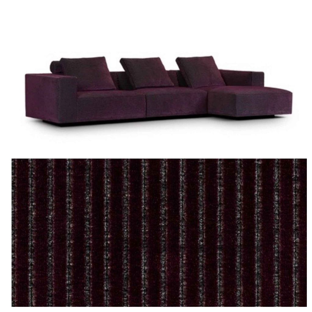 Eilersen Baseline Sofa with Chaise in deep burgundy Roth fabric, featuring ribbed texture and three back cushions.