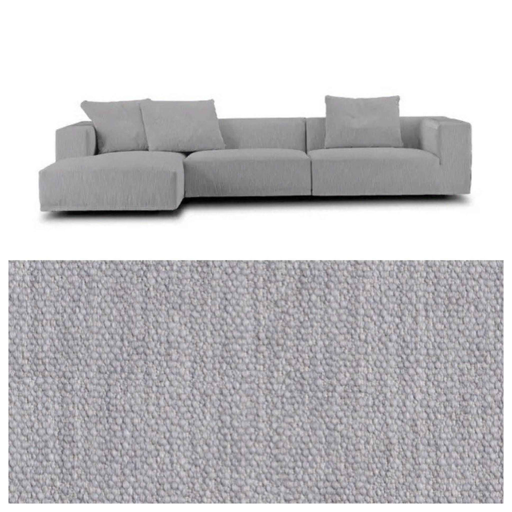 Light grey Eilersen Baseline Sofa with Chaise in Gravel fabric, paired with a detailed view of the upholstery texture.