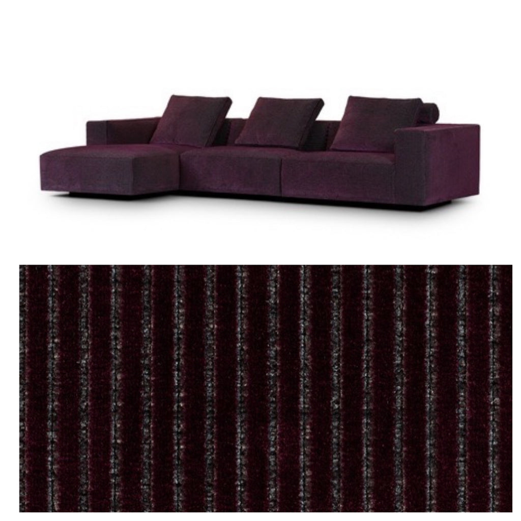 Burgundy Eilersen Baseline Sofa with Chaise in Roth fabric, shown with a close-up of the rich, ribbed upholstery.