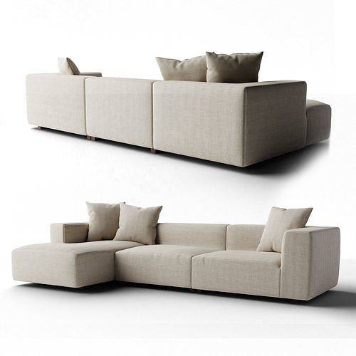 Side and front views of the Eilersen Baseline Sofa with Chaise in beige fabric, highlighting its modular design and plush cushions.