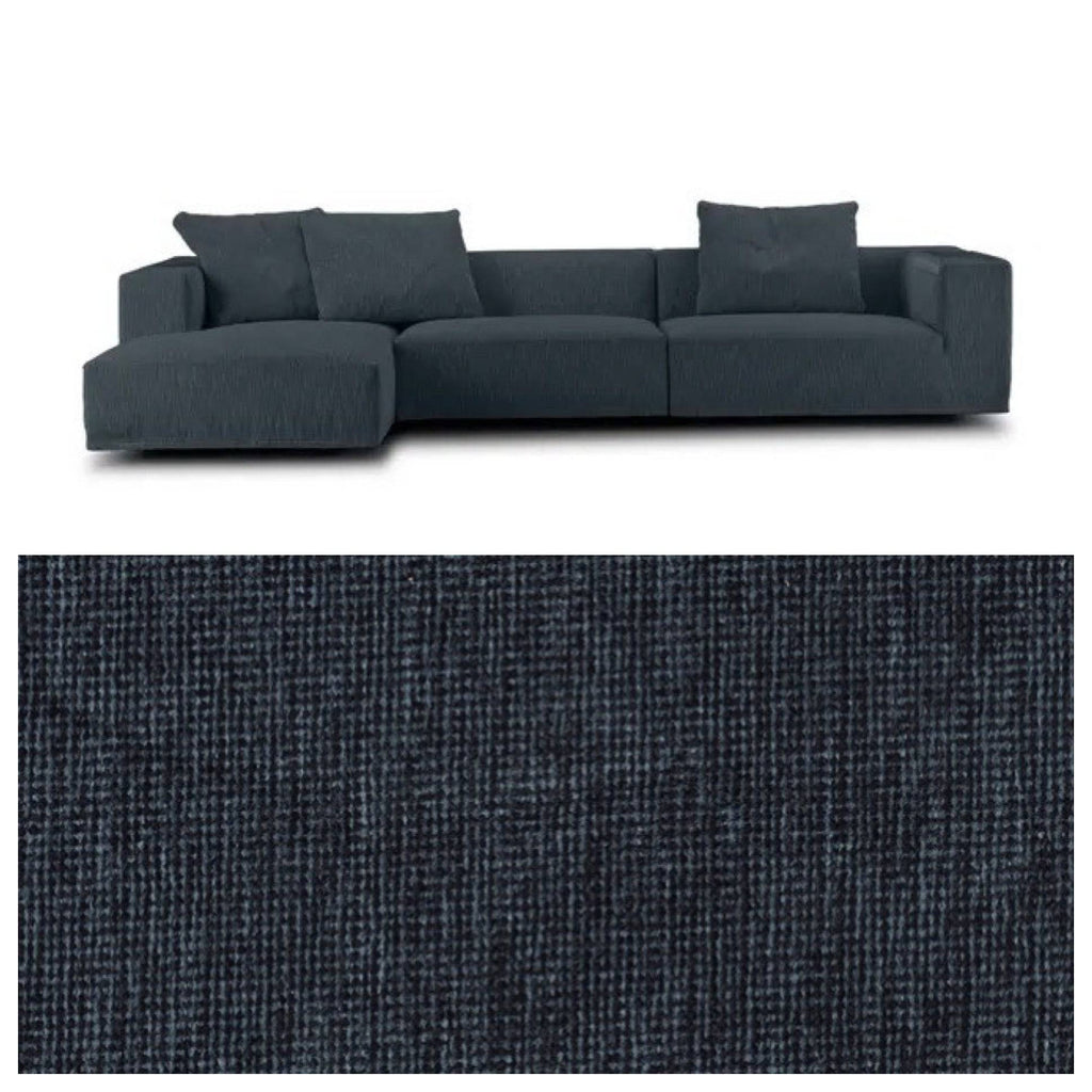 Eilersen Baseline Sofa with Chaise in Tangent dark blue fabric, paired with a close-up of the textured upholstery pattern.