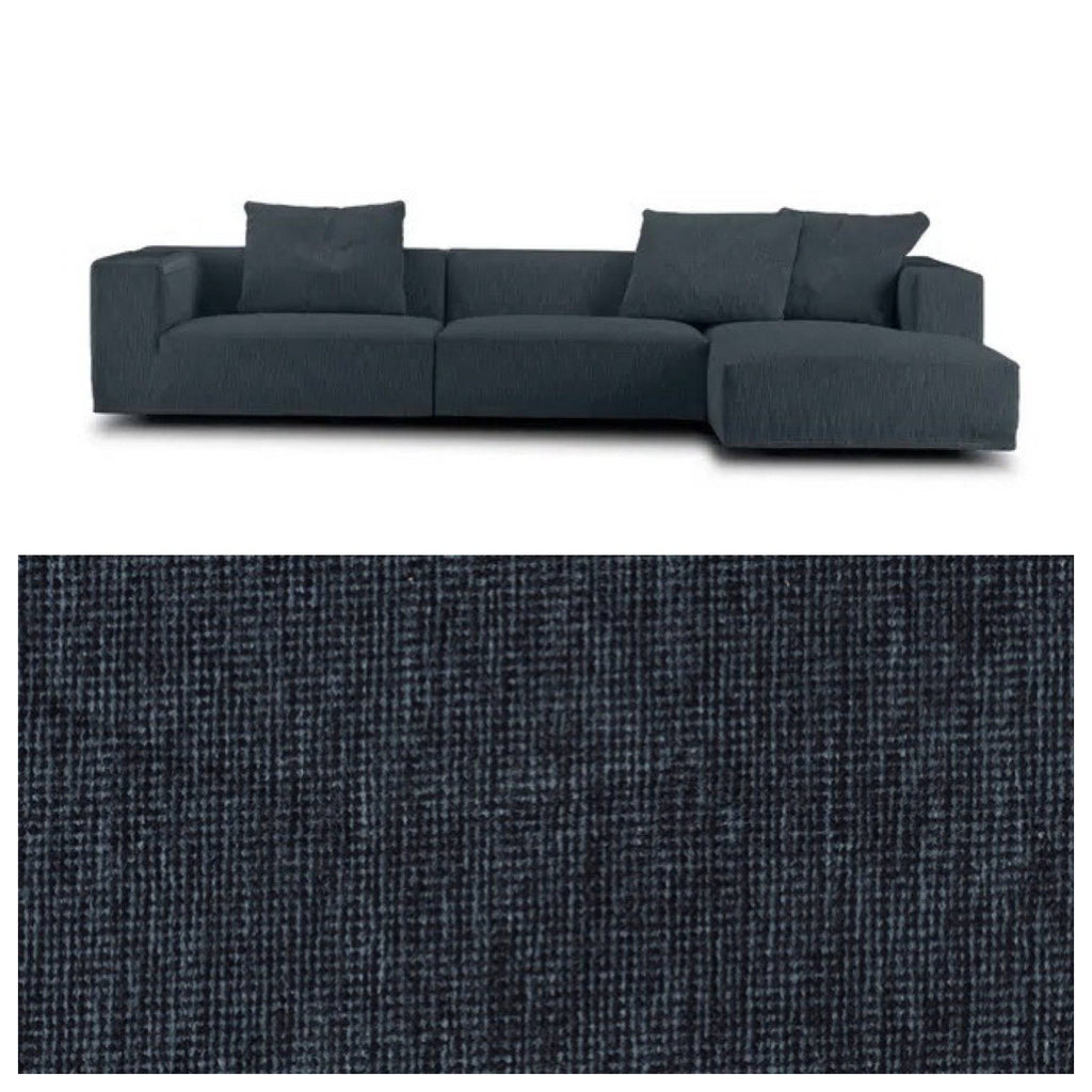 Eilersen Baseline Sofa with Chaise in dark blue Tangent fabric, highlighting the upholstery texture and modern silhouette.