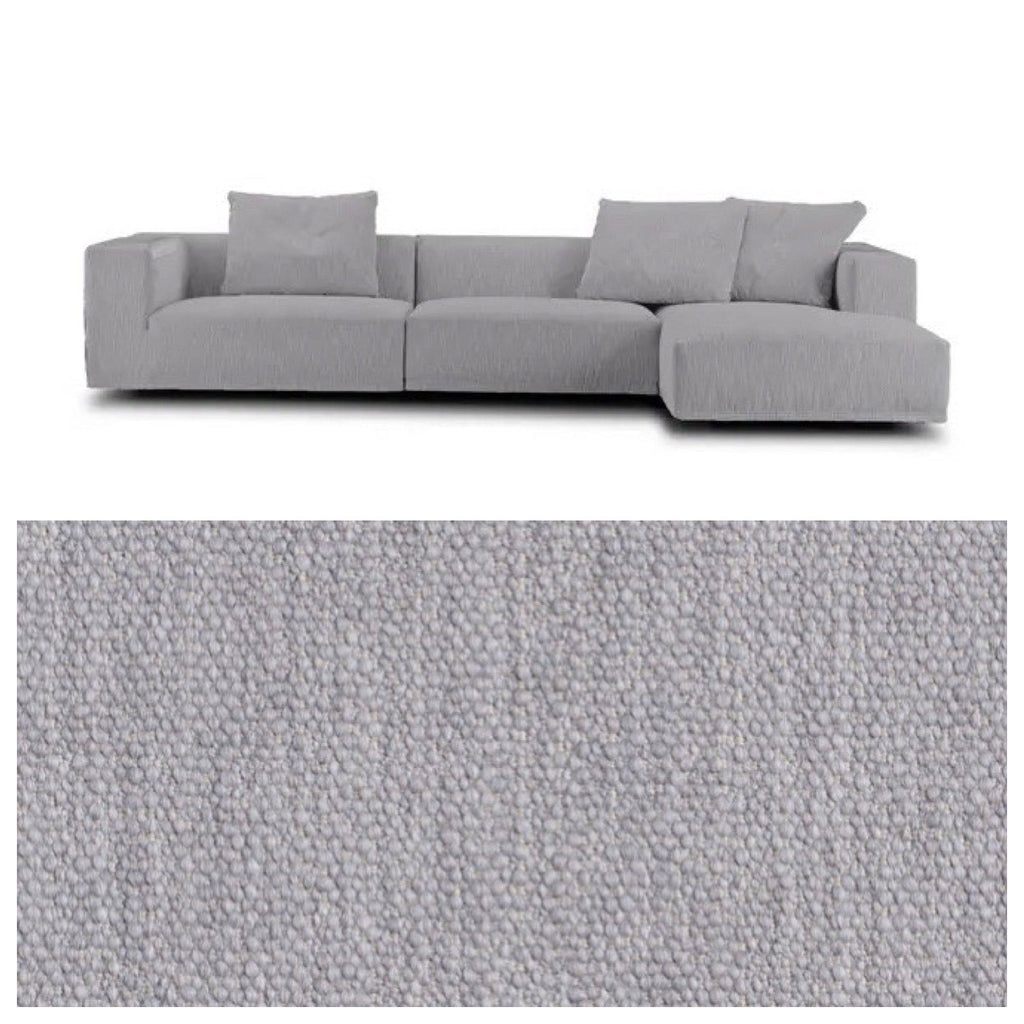 Eilersen Baseline Sofa with Chaise in light grey Gravel fabric, shown with a close-up of the soft, pebbled texture.