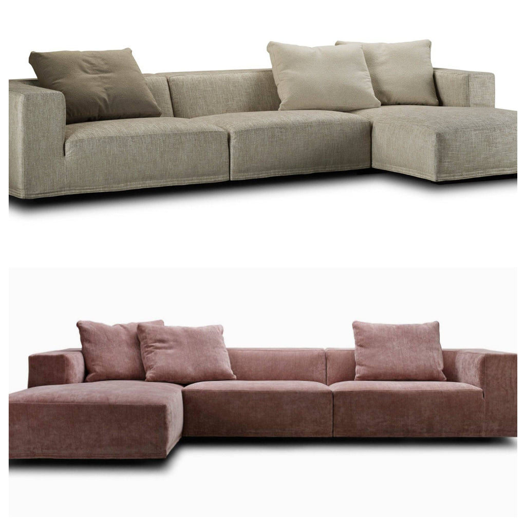 Two variations of the Eilersen Baseline Sofa with Chaise in beige and rose pink fabrics, showcasing customizable upholstery options.