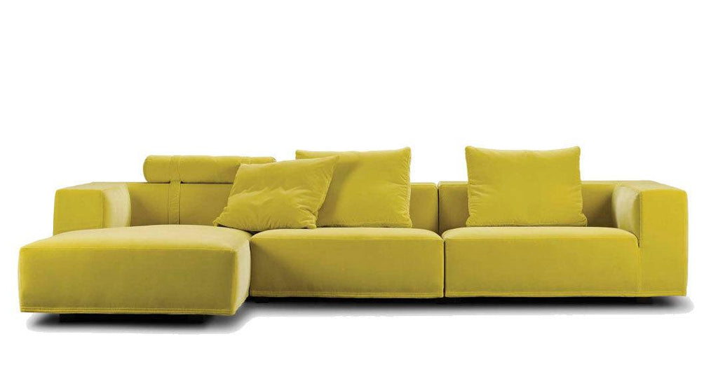 Eilersen Baseline Sofa with Chaise in vibrant yellow fabric, including a head roll and three back cushions for bold modern living spaces.