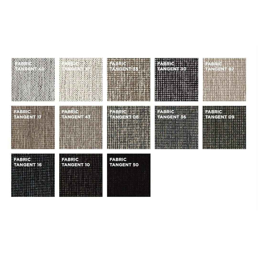 Tangent fabric swatches for Cocoon Sofa by Eilersen at Trade Source Furniture, offering a variety of textured patterns in neutral and dark tones.