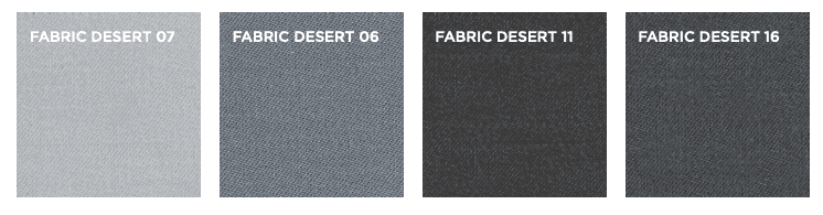 Desert fabric swatches for Cocoon Sofa by Eilersen at Trade Source Furniture, featuring four smooth-textured options in cool grey tones.