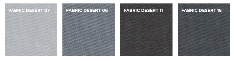 Desert fabric swatches for Cocoon Sofa by Eilersen at Trade Source Furniture, featuring four smooth-textured options in cool grey tones.