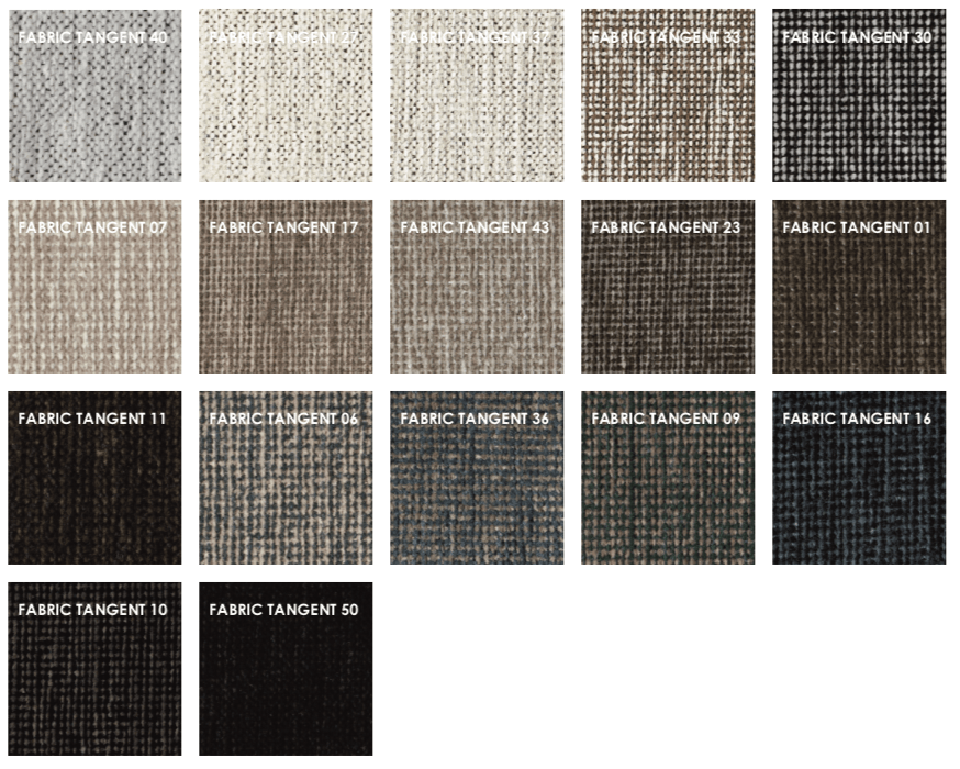 Expanded Tangent fabric swatches for Cocoon Sofa by Eilersen at Trade Source Furniture, offering a broad selection of textured neutrals and darks.
