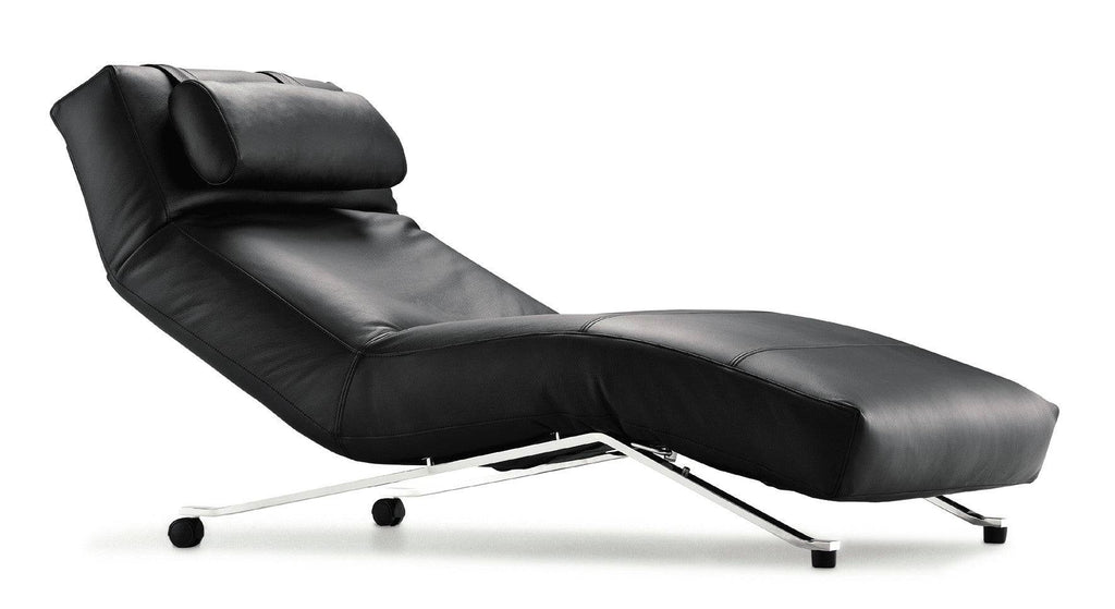 Black leather Control Lounge Chair by Eilersen with chrome base, available for quick ship at Trade Source Furniture.