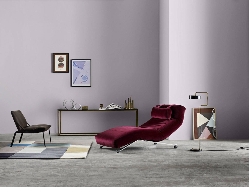 Control Quick Ship Chair by Eilersen in deep burgundy velvet with chrome legs, styled in a modern living room at Trade Source Furniture.