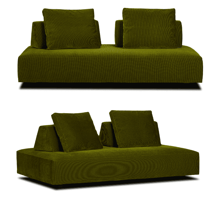 Two views of green Eilersen Playground Sofa in corduroy fabric, showcasing its double-sided seating and plush cushions.