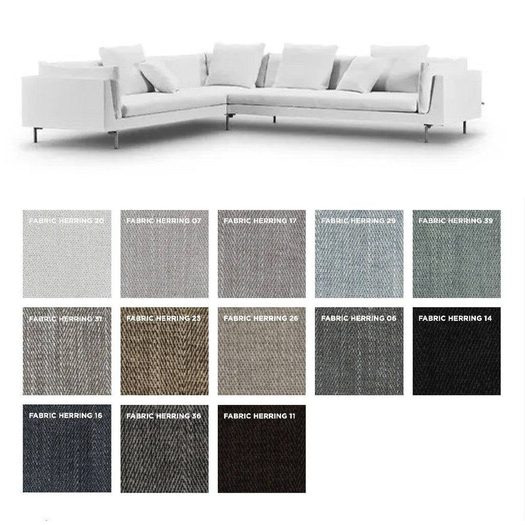 Float High Sectional Sofa by Eilersen with Herring fabric swatches, offering a variety of textured grey and earth-tone upholstery choices.