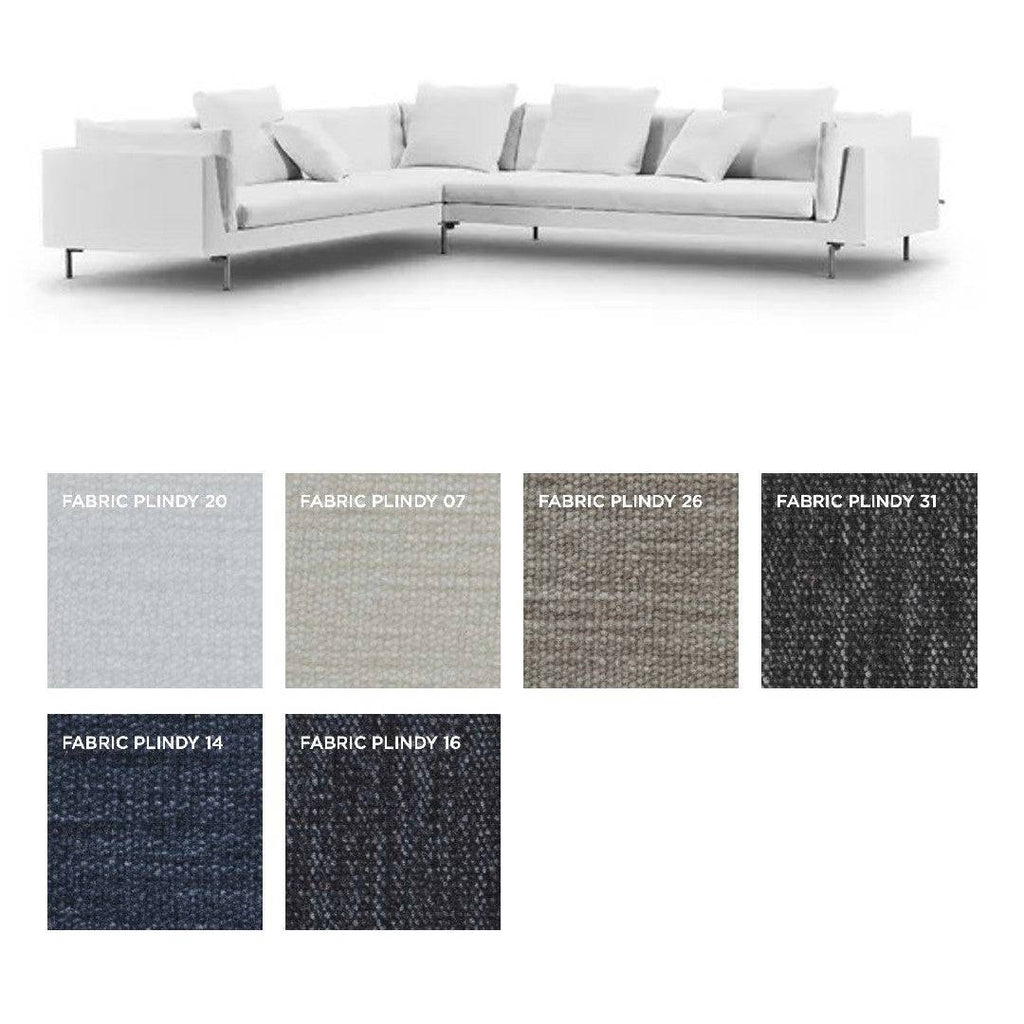 Float High Sectional Sofa by Eilersen with Plindy fabric swatches, showcasing soft textured fabric options in neutral and dark tones.